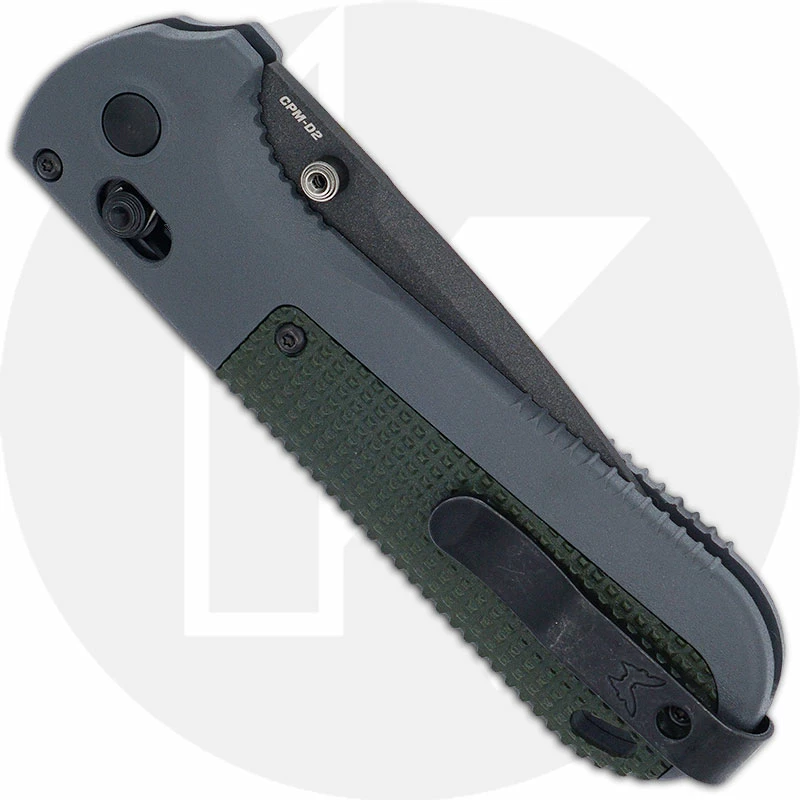 Benchmade Knives Benchmade Redoubt 430SBK - Part Serrated - Black D2 Drop Point - Overlander Gray Grivory And Forest Green - AXIS Lock Folder - USA Made - Image 3