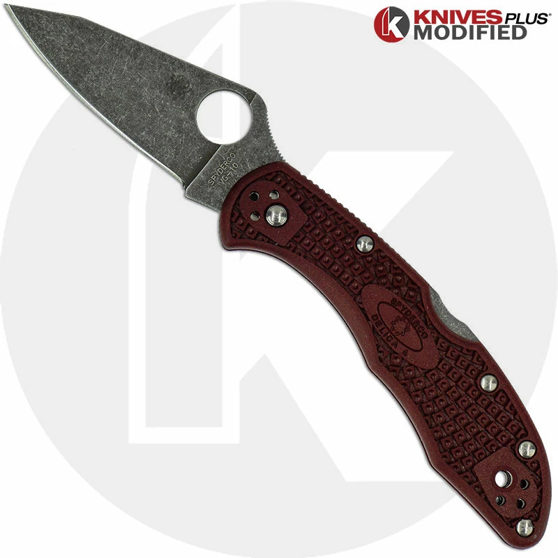 Spyderco Knives MODIFIED Spyderco Delica 4 - The Ron Burgundy - Acid Wash - Regrind - Rit Dyed Handle