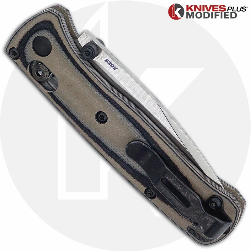 Benchmade Knives MODIFIED Benchmade Mini Bugout 533 Knife + KP Contoured Black / Desert Tan G10 Scales + KP Black Thumbstud & Standoffs - Image 3