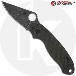 Spyderco Knives MODIFIED Spyderco Para 3 Knife With Acid Stonewash Blade + KP OD Green Micarta Scales + All Black Hardware