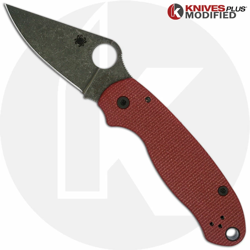 Spyderco Knives MODIFIED Spyderco Para 3 Knife With Acid Stonewash Blade + KP Red Linen Micarta Scales + All Black Hardware